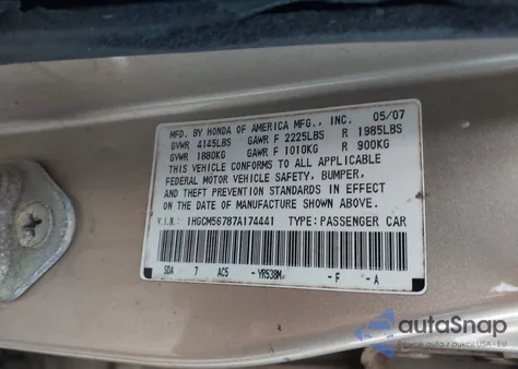 2007 Honda Accord 2.4 Ex z USA, uszkodzony, nr VIN 1HGCM56787A174441